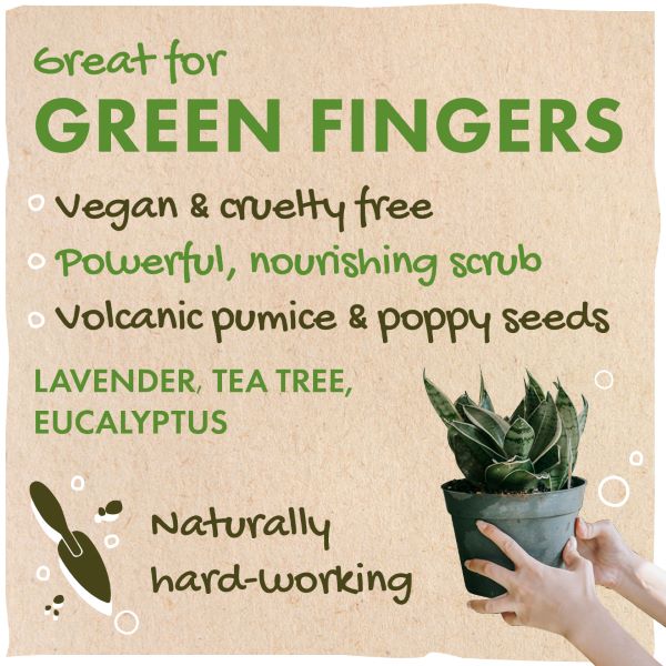 A person holding a plant pot with the text "Great for green fingers, vegan and cruelty-free, powerful nourishing scrub, volcanic pumice and poppy seeds; lavender, tea tree, eucalyptus; naturally hard-working"