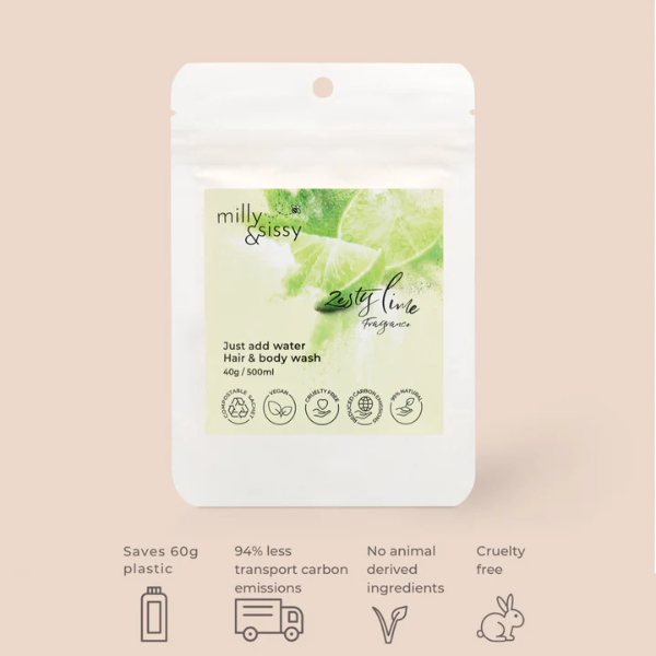 Milly & Sissy compostable pouch refill of Hair and body wash (zesty lime fragrance)