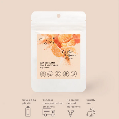 Milly & Sissy compostable pouch refill of Hair and body wash (candied tangerine fragrance)