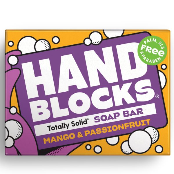 Hand Blocks soap bar in Mango and Passionfruit shown in cardboard packaging box