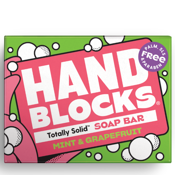 Hand Blocks soap bar in Mint and grapefruit shown in cardboard packaging box