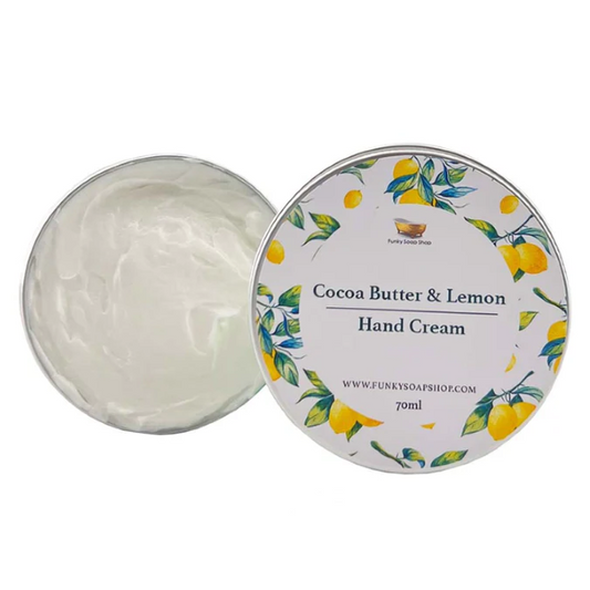 Funky Soap hand cream in cocoa butter and lemon, packaged in a tin shown with lid off and cream inside. Label is a white background with lemons