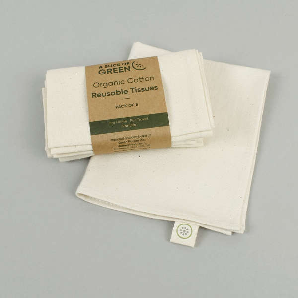 Pack of 5 cotton handkerchiefs shown with cardboard wrapper packaging