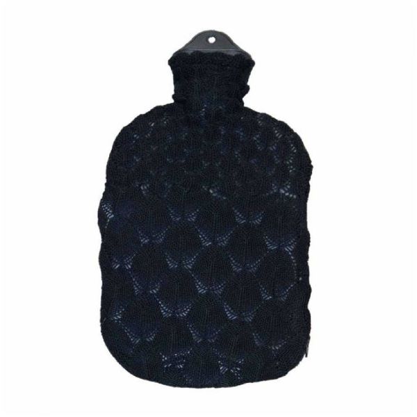 Natural rubber hot water bottle in black knitted (a knitted cover with black cable knitting)
