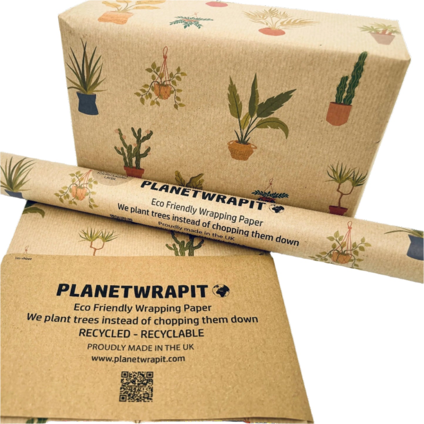 Handmade recycled wrapping paper in Houseplants design (brown kraft paper with hand-drawn style shown next to a wrapped gift