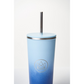 Insulated travel cup with metal straw in Good vibes colourway (darker blue at bottom graduating to pale blue at top)