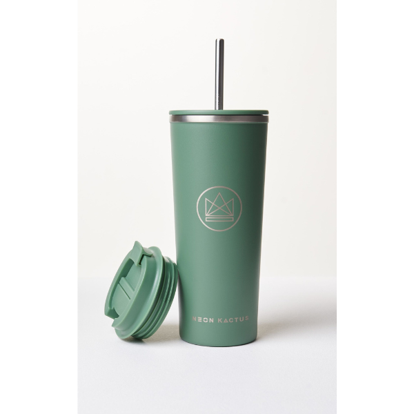 Insulated travel cup with metal straw and separate sipping lid in Happy camper colourway (olive green)
