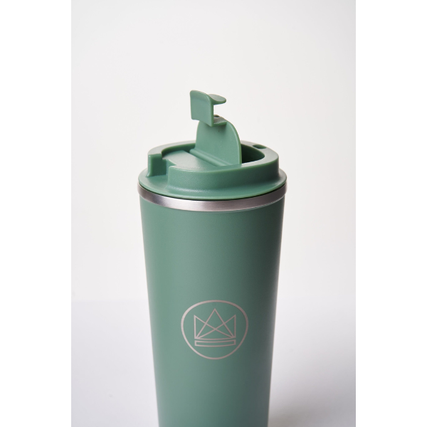 Insulated travel cup close up with sipping lid, in Happy camper colourway (olive green)