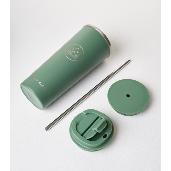 Insulated travel cup alongside metal straw, sipping lid and straw lid, in Happy camper colourway (olive green)