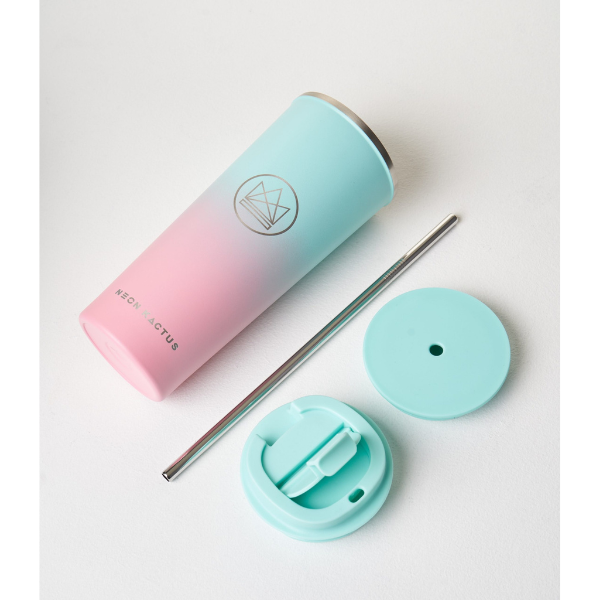 Insulated travel cup alongside metal straw, sipping lid and straw lid, in Twist and shout colourway (pink at bottom graduating to mint green at top)
