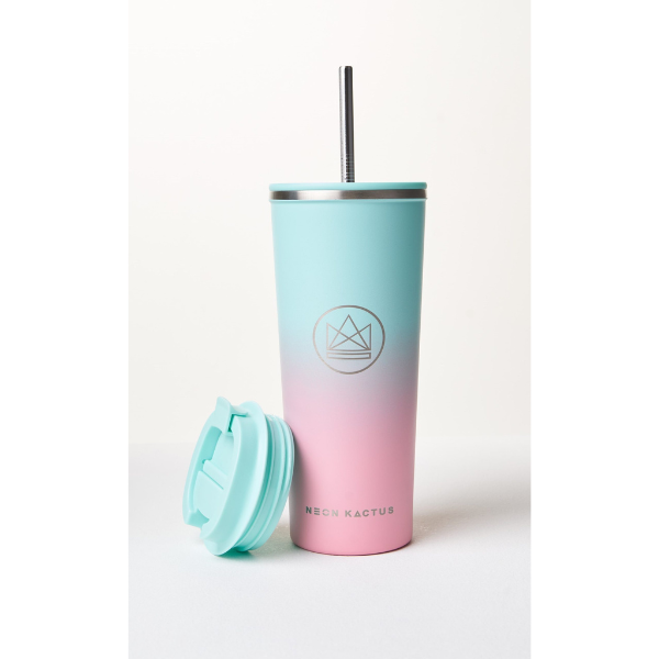 Insulated travel cup with metal straw and separate sipping lid in Twist and shout colourway (pink at bottom graduating to mint green at top)