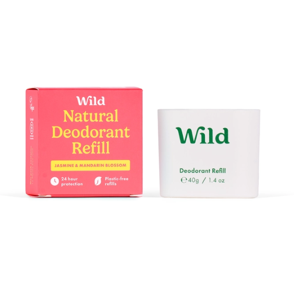 Deodorant refill alongside its cardboard packaging (jasmine and mandarin)