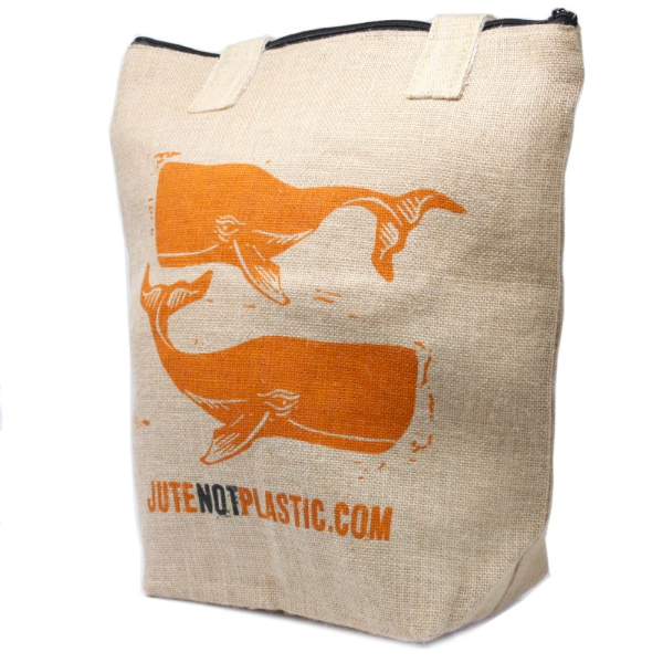 Jute tote bag with orange whale design and 'Jute Not Plastic' text 