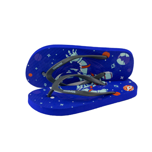 Waves eco-friendly natural rubber flip flops for children in Space design - a bright blue with astronaut and planets