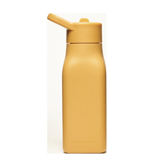 Kids reusable silicone bottle in Summer Sun colourway (a bright mustardy yellow) shown with straw lid on