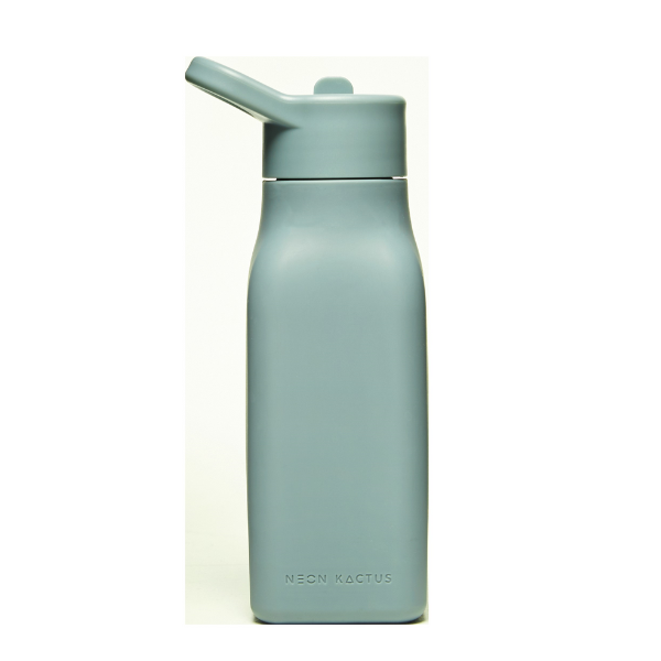Kids reusable silicone bottle in Happy Camper colourway (an olive green) shown with straw lid on