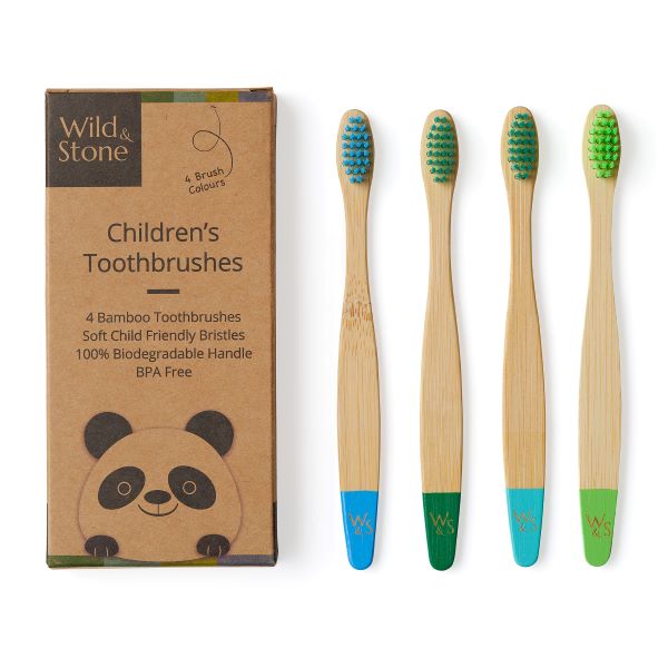 Kids bamboo toothbrush set, pack of 4 aqua, alongside cardboard box