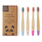 Kids bamboo toothbrush set, pack of 4 candy coloured, alongside cardboard box