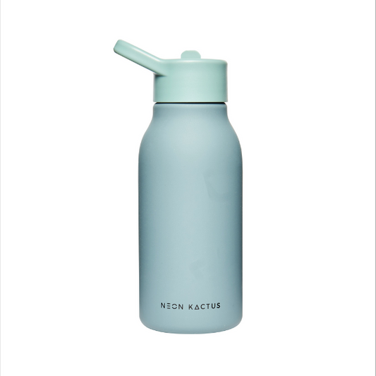Kids reusable tritan bottle shown with lid on in Happy Camper (an olive/aqua green) 