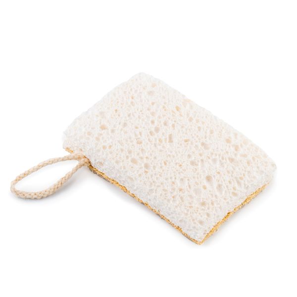 Compostable kitchen scrubber sponge showing the soft side of the sponge