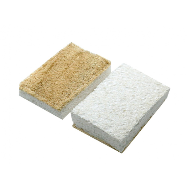 Compostable kitchen scrubber sponge showing both the soft and scrubby side of the sponge
