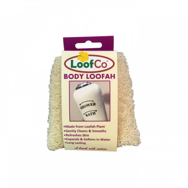 Body loofah shown with paper label