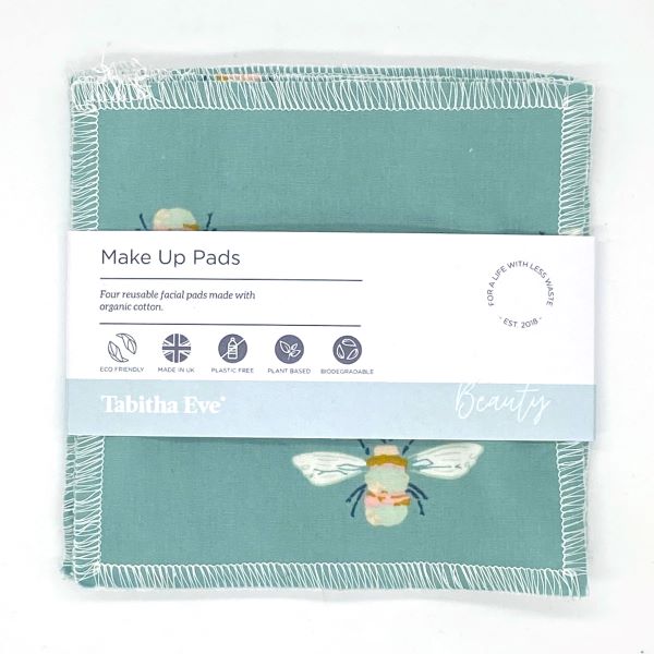 Reusable make up pad in Bumblebuzz design  (turquoise background with bees), shown with paper label reading 'Make Up pads, Four reusable facial pads made with organic cotton' 