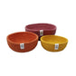 Set of three mini jute bowls in Fire colour (bright pink, orange and yellow) shown side by side