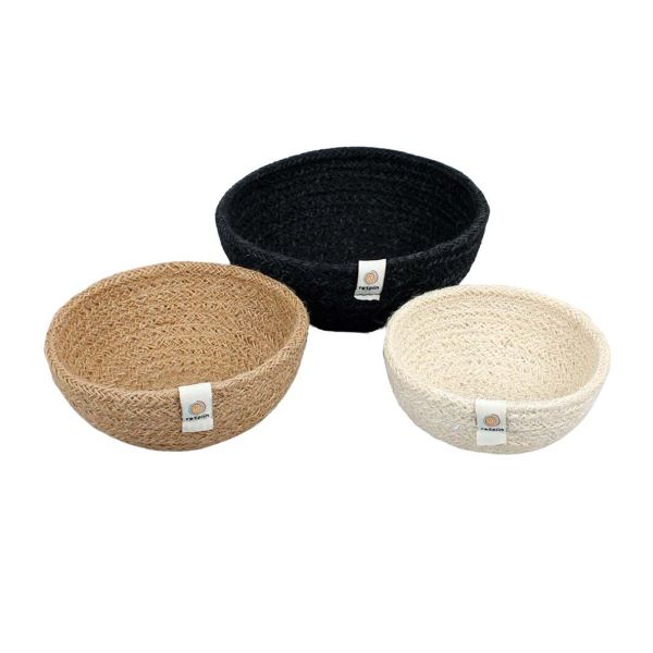 Set of three mini jute bowls in Fire colour (bright pink, orange and yellow) 