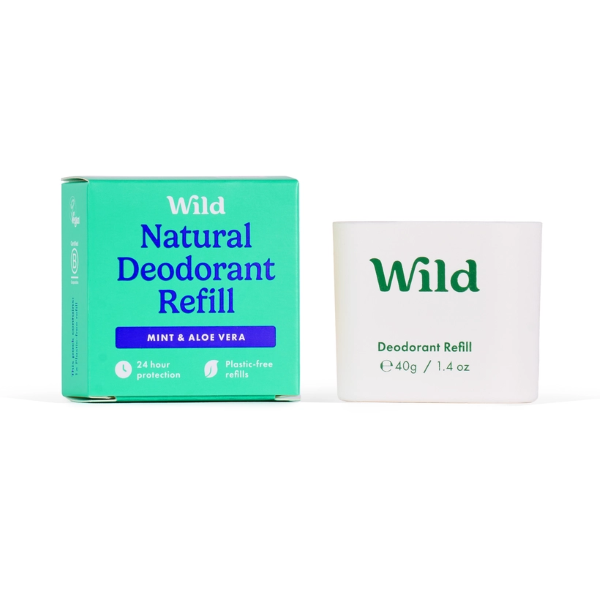 Deodorant refill alongside its cardboard packaging (mint and aloe vera)