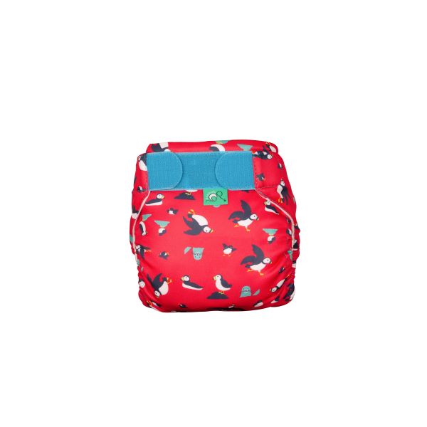 Reusable swim nappy front view in Puffling Paddle design (red background with puffins and seals)
