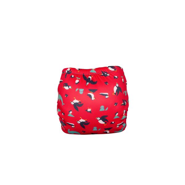 Reusable swim nappy rear view in Puffling Paddle design (red background with puffins and seals)
