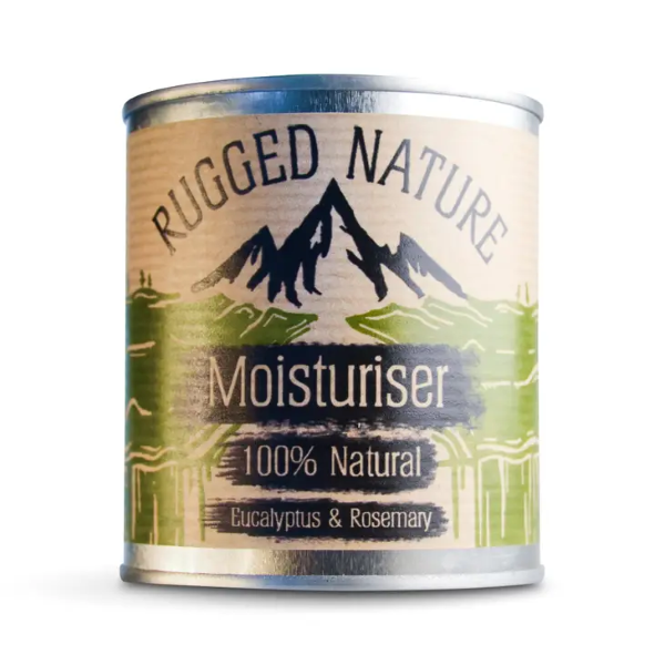 Rugged Nature natural moisturiser in recyclable tin with label reading "Moisturiser 100% natural, eucalyptus and rosemary"