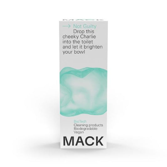 Mack toilet cleaning pod in cardboard box with text reading "Not guilty Drop this cheeky Charlie into the toilet and let it brighten your bowl"