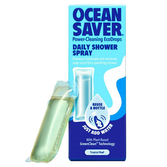 Oceansaver daily shower spray cleaning drop shown next to cardboard packaging