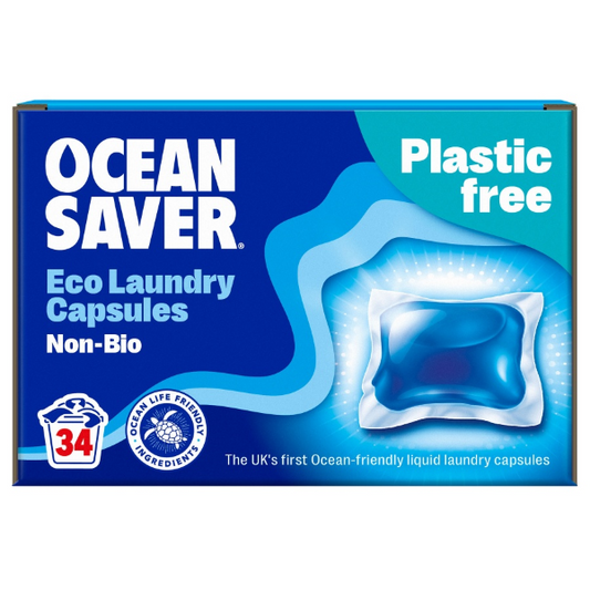 OceanSaver eco laundry capsules shown in  cardboard packaging box