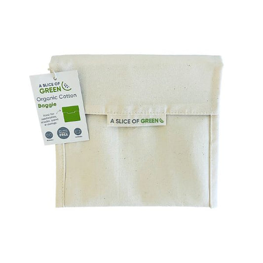 Organic cotton snack bag shown with paper label