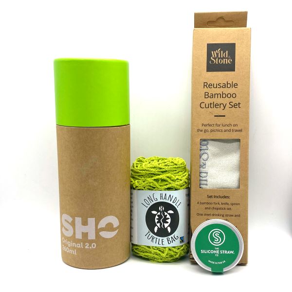 The individual items in the eco-friendly gift set for out and about in green