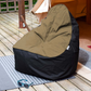 Outdoor bean bag Desert & Orca (desert seat and black base) outside a garden tent