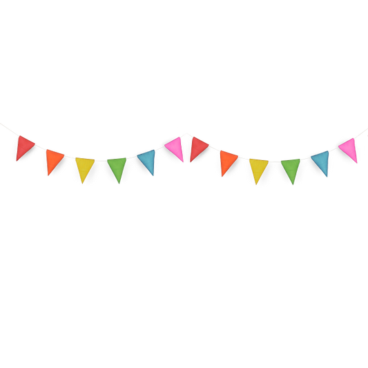 Paper party decorations bunting, rainbow colours, shown hanging