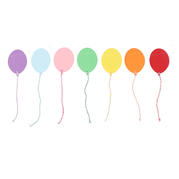 Paper balloon garland showing 7 different coloured balloonswith coloured twine