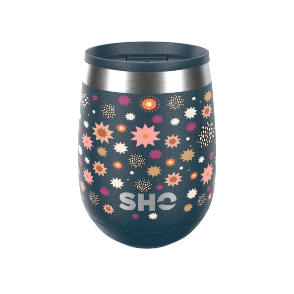 SHO reusable drinks tumbler in Nova design (black background with bright stars) with black slider spill proof lid