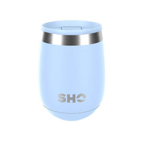 SHO reusable drinks tumbler in Pastel blue with pastel blue slider spill proof lid