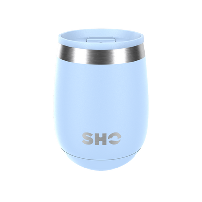 SHO reusable drinks tumbler in Pastel blue with pastel blue slider spill proof lid