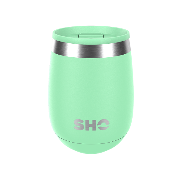 SHO reusable drinks tumbler in Pastel Green with pastel green slider spill proof lid