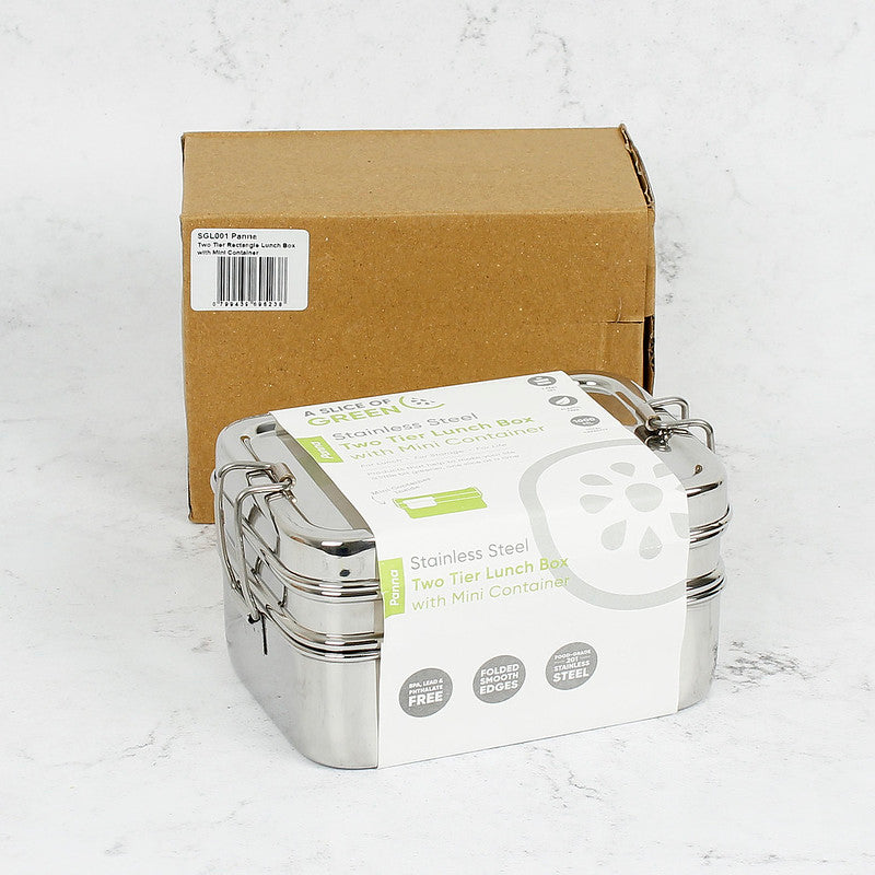 Stainless steel two tier lunch box with paper label and cardboard packaging box