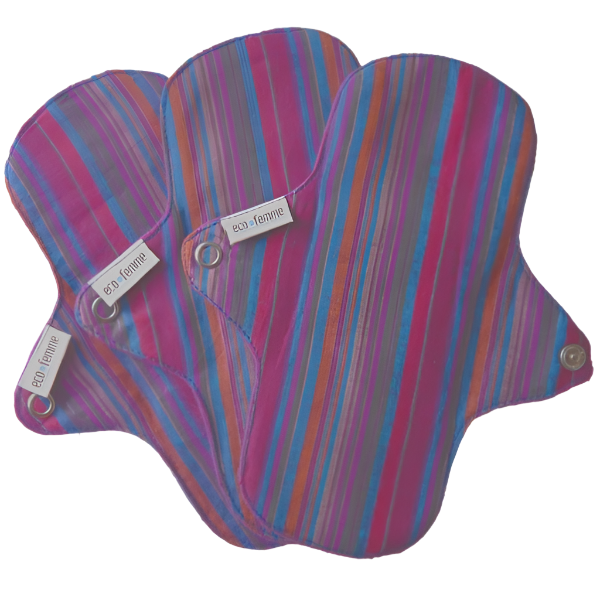 Eco Femme reusable panty liners (back) in purple and blue stripes