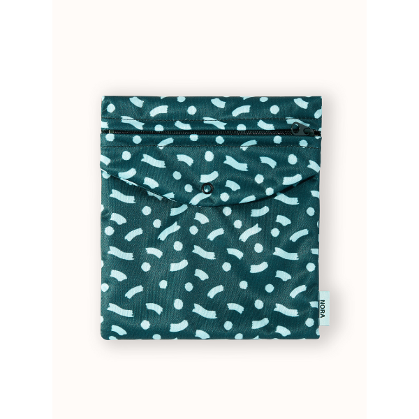 Period pad bag for out and about in Celeste Wiggle design (teal background with black splashes)