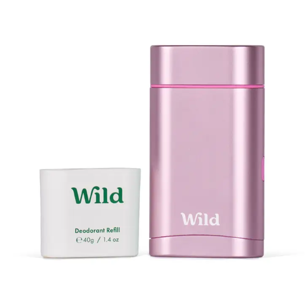 Deodorant case in pink with deodorant refill alongside