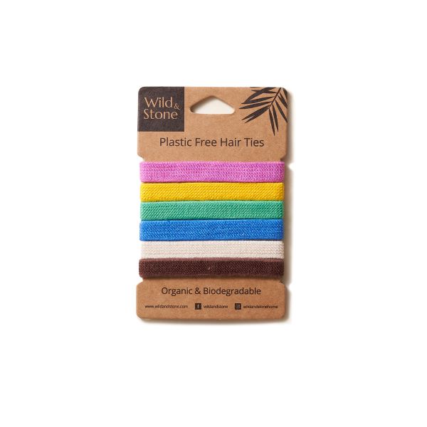 Pack of 6 plastic-free and eco-friendly hair bands/ Hair ties in cardboard pack Multi-coloured (pink, yellow, green, blue, cream, brown) - front of pack